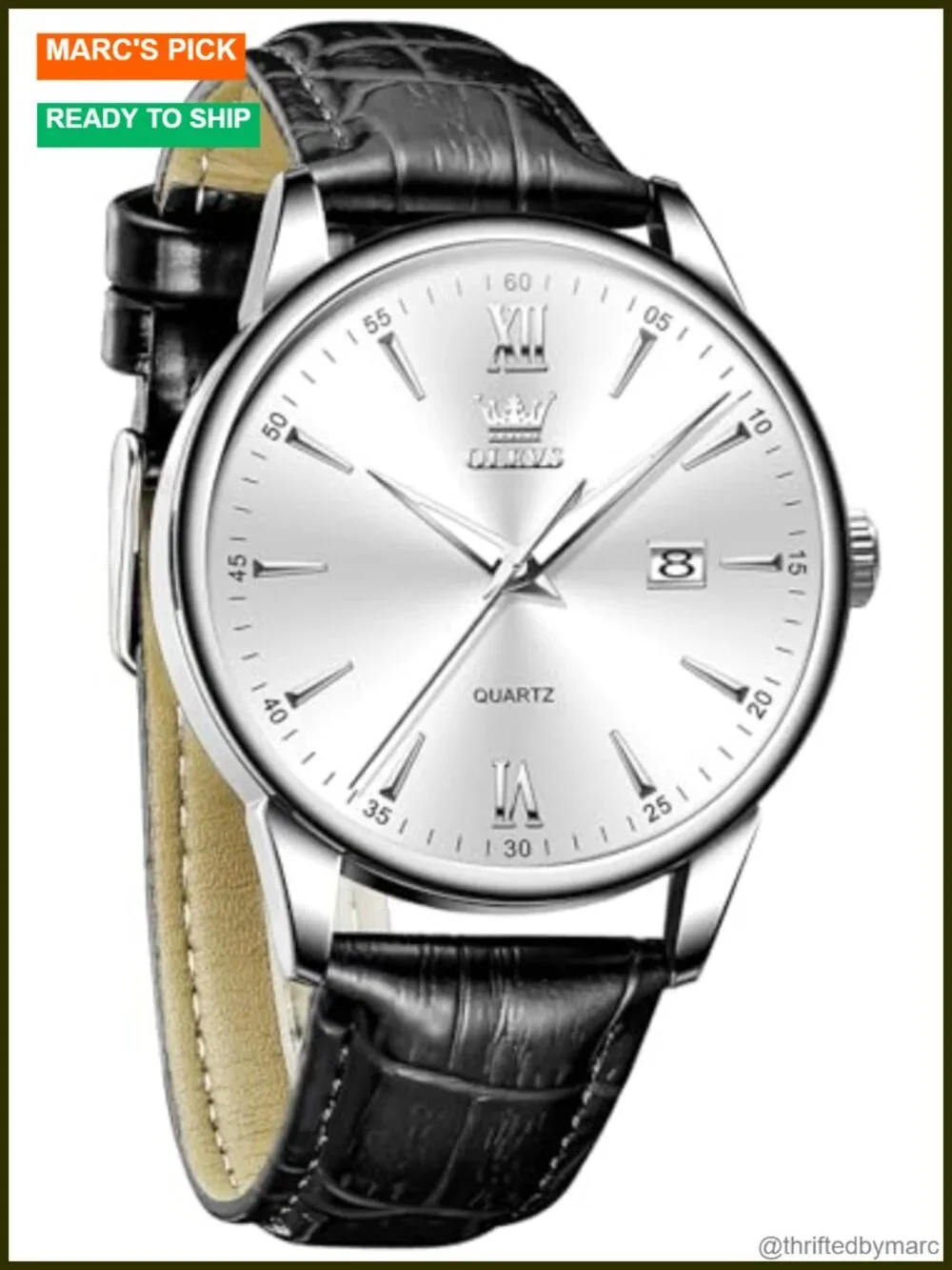 Leather Strap Quartz Watch with Date Window, Easy to Read Dial